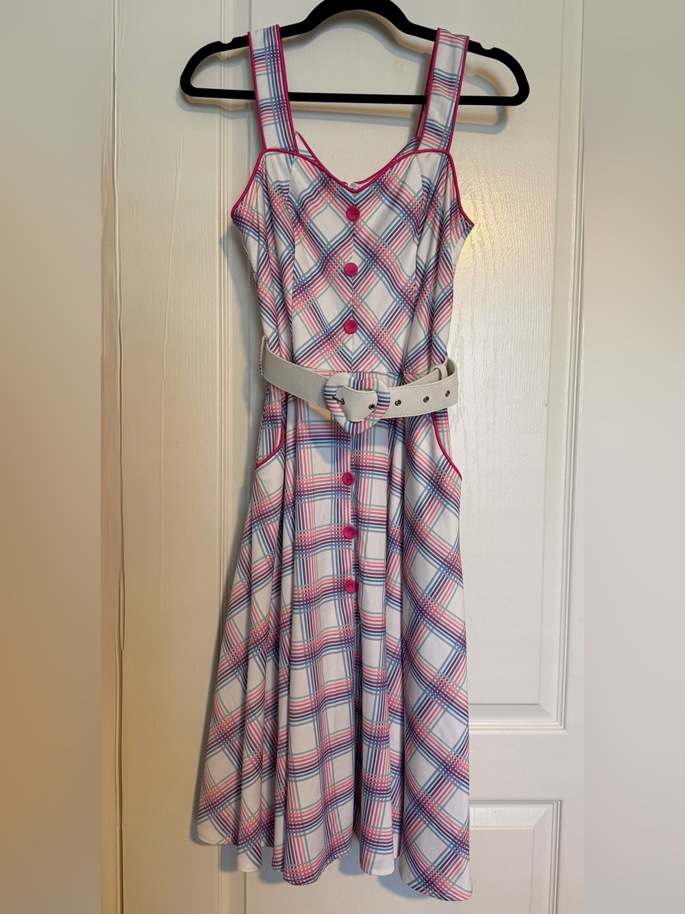 Voodoo Vixen White Plaid Midi Dress with Pink & Blue Accents
